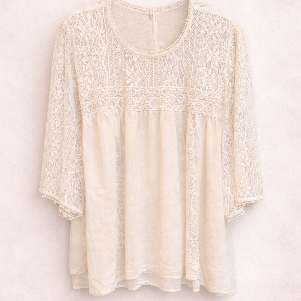 New Directions Size XL Cream Lace Crochet Yoke Peasant Blouse
